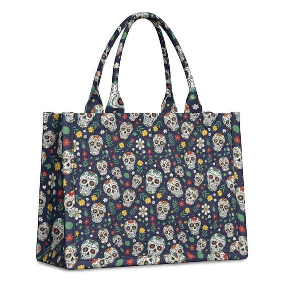 Large Capacity Tote Bag,Navy Floral Skull Pattern Handbag Fashion Luxury Tote Bag,15.7"x13"x 5.1" Inches,Laptop Compatible