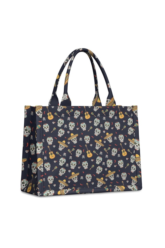 Large Capacity Tote Bag,Navy Mexican Skull Pattern Handbag Fashion Luxury Tote Bag,15.7"x13"x 5.1" Inches,Laptop Compatible