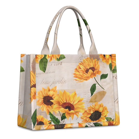 Large Capacity Tote Bag,Newspaper Text Sunflower Pattern Handbag Fashion Luxury Tote Bag,15.7"x13"x 5.1" Inches,Laptop Compatible