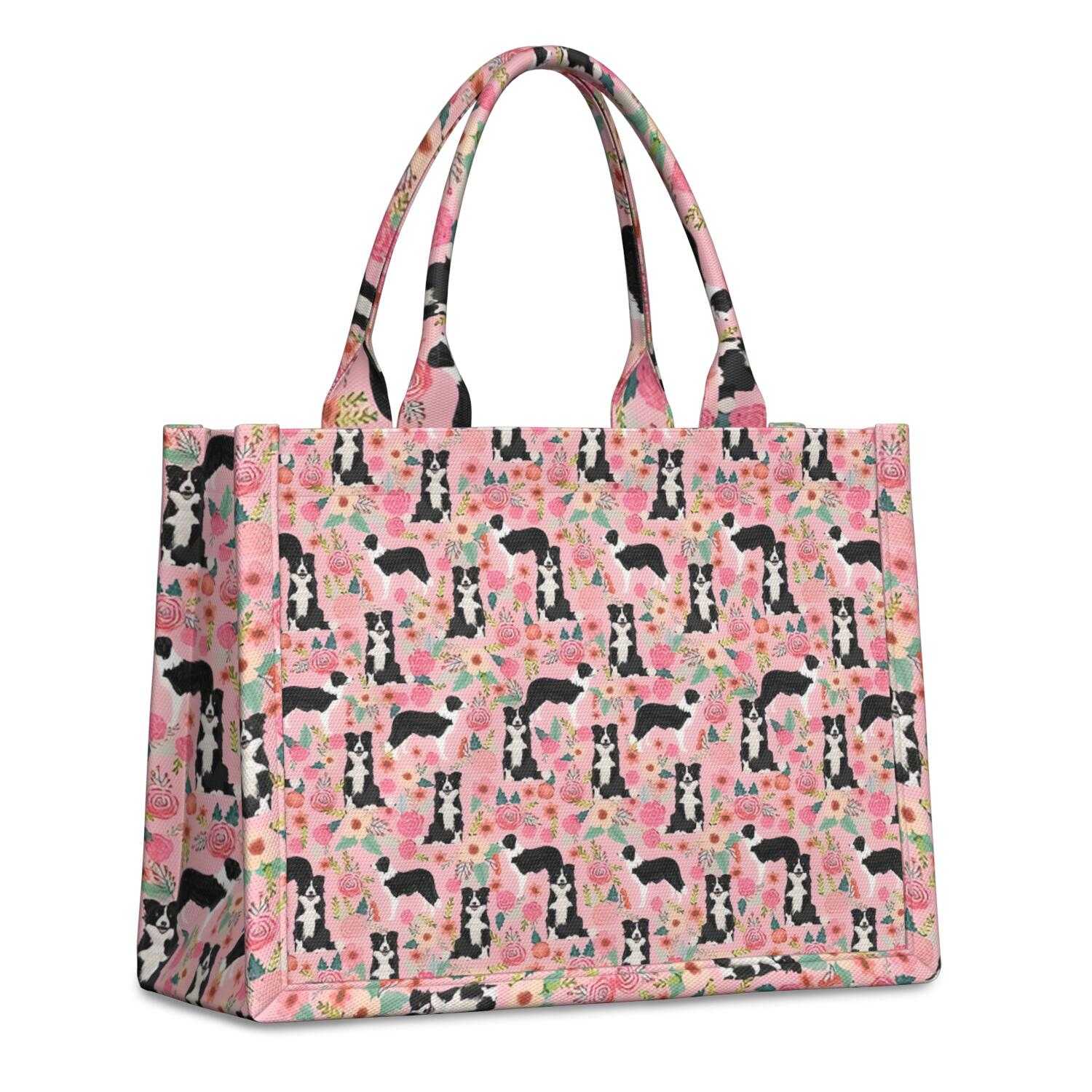 Large Capacity Tote Bag,Pink Border Collie Dog and Flower Floral Handbag Fashion Luxury Tote Bag,15.7"x13"x 5.1" Inches,Laptop Compatible