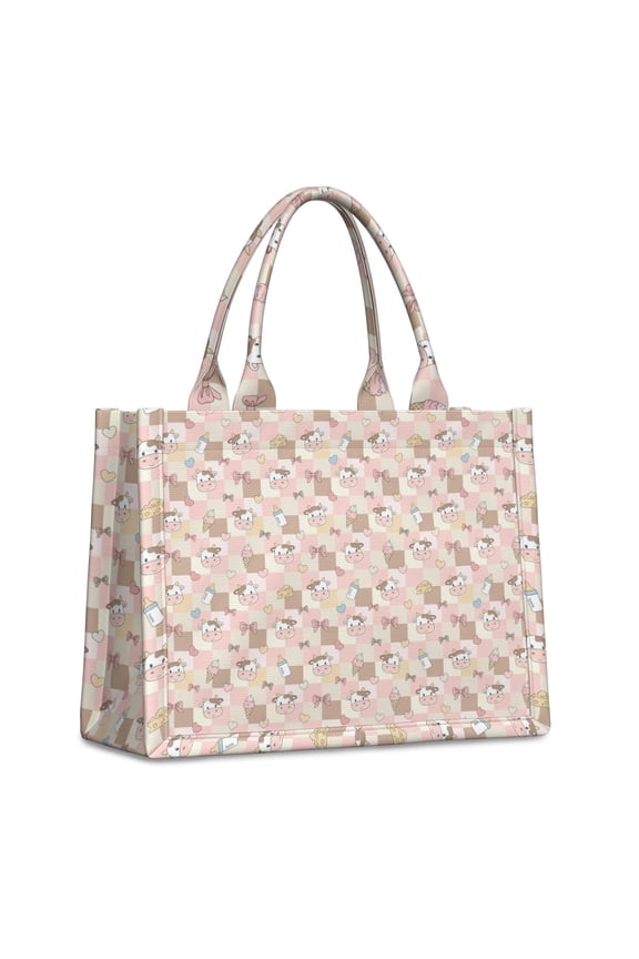 Large Capacity Tote Bag,Pink Checkered Cow Pattern Handbag Fashion Luxury Tote Bag,15.7"x13"x 5.1" Inches,Laptop Compatible