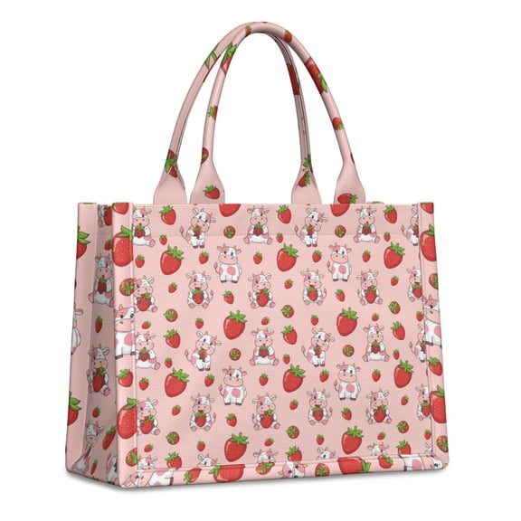 Large Capacity Tote Bag,Pink Cow Strawberry Pattern Handbag Fashion Luxury Tote Bag,15.7"x13"x 5.1" Inches,Laptop Compatible