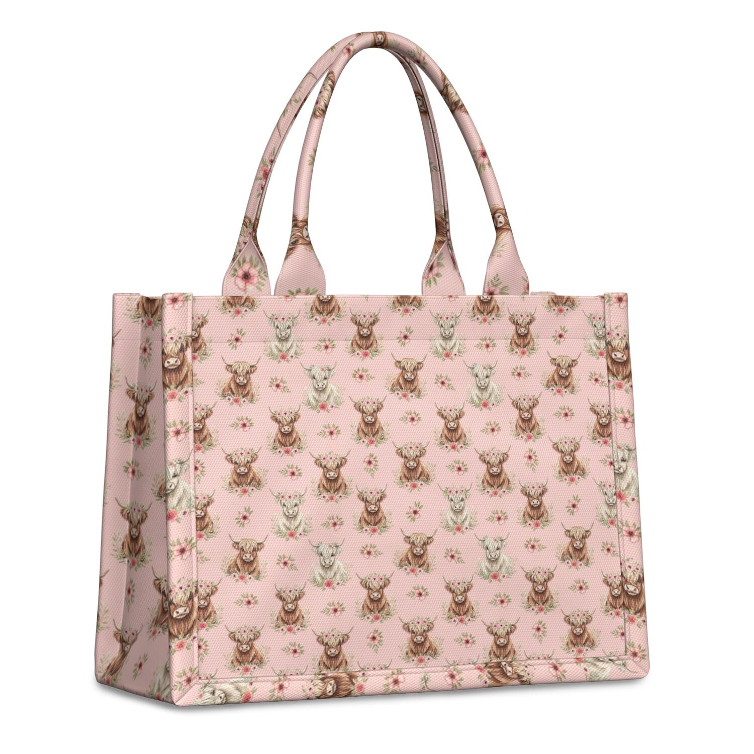 Large Capacity Tote Bag,Pink Highland Cow Flower Pattern Handbag Fashion Luxury Tote Bag,15.7"x13"x 5.1" Inches,Laptop Compatible