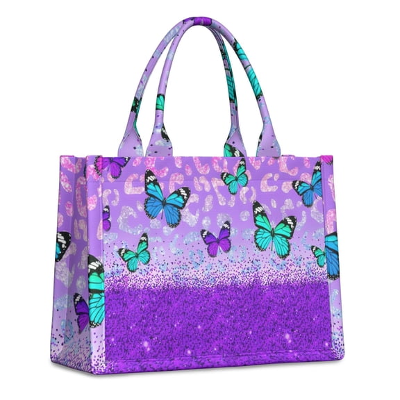 Large Capacity Tote Bag,Purple Butterfly Leopard Pattern Handbag Fashion Luxury Tote Bag,15.7"x13"x 5.1" Inches,Laptop Compatible