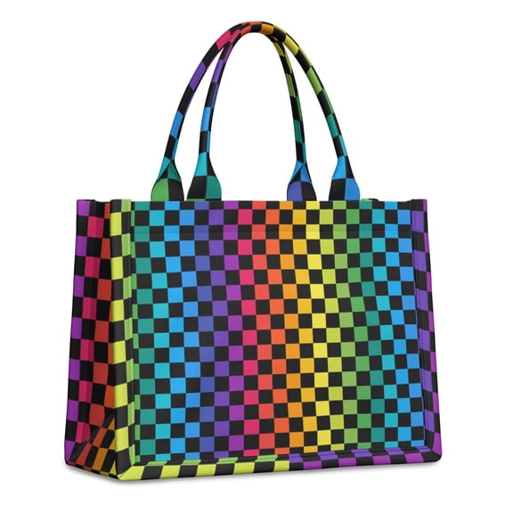 Large Capacity Tote Bag,Rainbow Checkered Pattern Handbag Fashion Luxury Tote Bag,15.7"x13"x 5.1" Inches,Laptop Compatible
