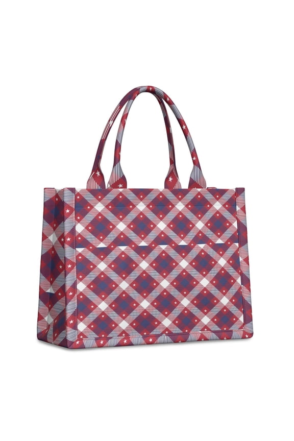 Large Capacity Tote Bag,Red Blue White Star Plaid Checkered Pattern Handbag Fashion Luxury Tote Bag,15.7"x13"x 5.1" Inches,Laptop Compatible