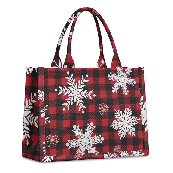 Large Capacity Tote Bag,Red Christmas Snowflake and Plaid Pattern Handbag Fashion Luxury Tote Bag,15.7"x13"x 5.1" Inches,Laptop Compatible