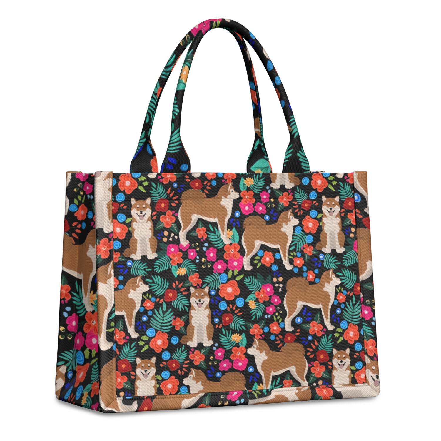 Large Capacity Tote Bag,Shiba Inu Dog and Flower Floral Handbag Fashion Luxury Tote Bag,15.7"x13"x 5.1" Inches,Laptop Compatible