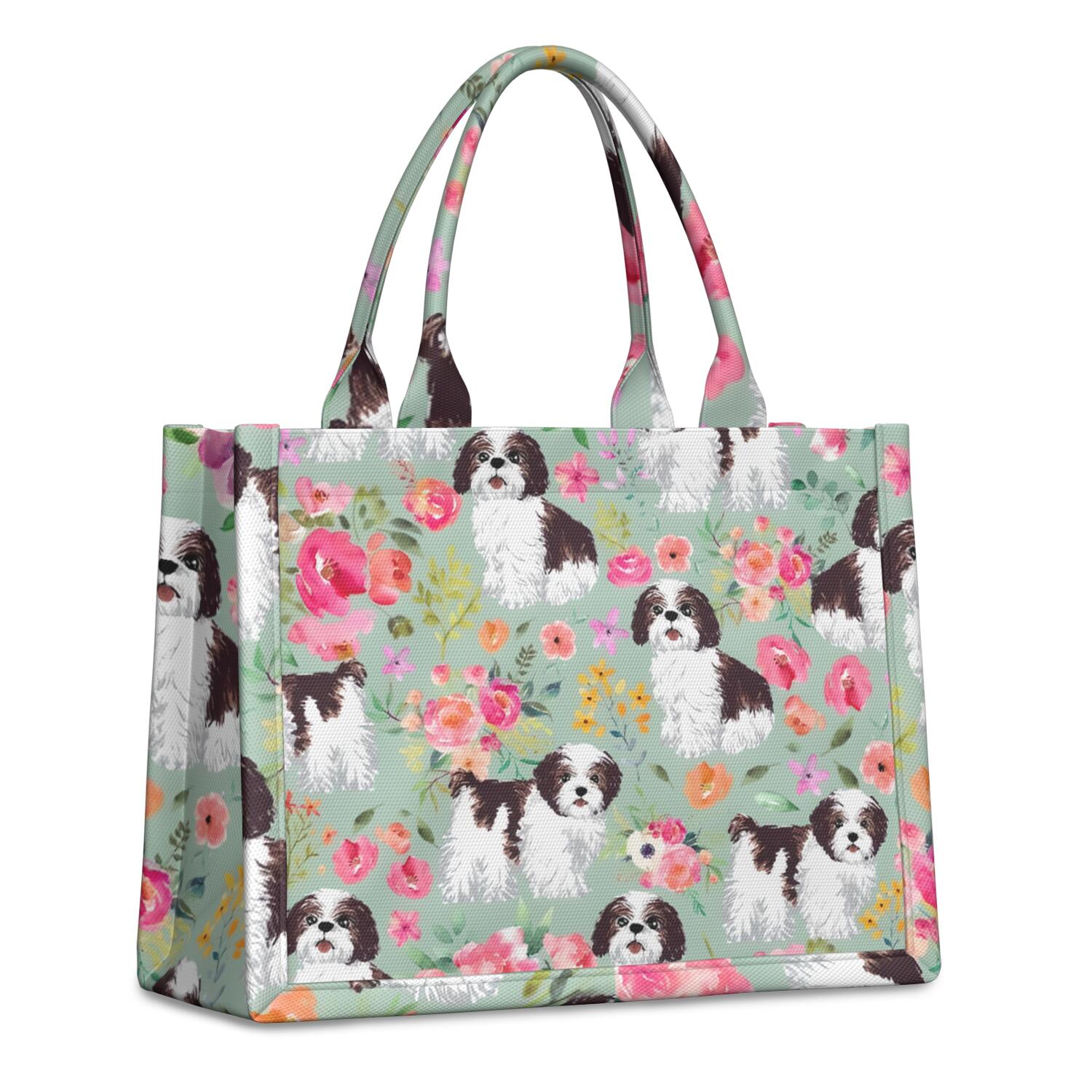 Large Capacity Tote Bag,Shih Tzu Dog and Flower Floral Handbag Fashion Luxury Tote Bag,15.7"x13"x 5.1" Inches,Laptop Compatible