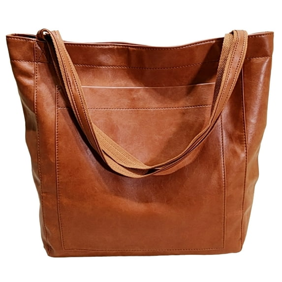 Large Capacity Tote Bag Simple Vintage Faux Leather Handbag Versatile Shoulder Bag , Brown