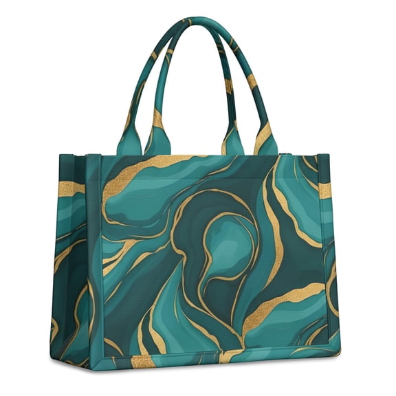 Large Capacity Tote Bag,Teal Gold Marble Pattern Handbag Fashion Luxury Tote Bag,15.7"x13"x 5.1" Inches,Laptop Compatible