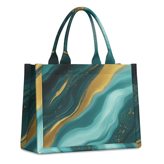 Large Capacity Tote Bag,Teal Gold Marble Pattern Handbag Fashion Luxury Tote Bag,15.7"x13"x 5.1" Inches,Laptop Compatible