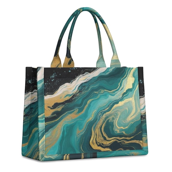 Large Capacity Tote Bag,Teal Marble Gold Wave Pattern Handbag Fashion Luxury Tote Bag,15.7"x13"x 5.1" Inches,Laptop Compatible