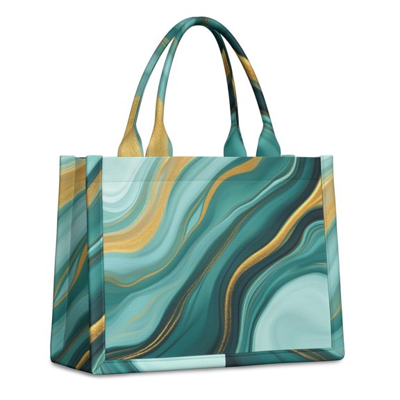 Large Capacity Tote Bag,Teal Marble Gold Wave Pattern Handbag Fashion Luxury Tote Bag,15.7"x13"x 5.1" Inches,Laptop Compatible