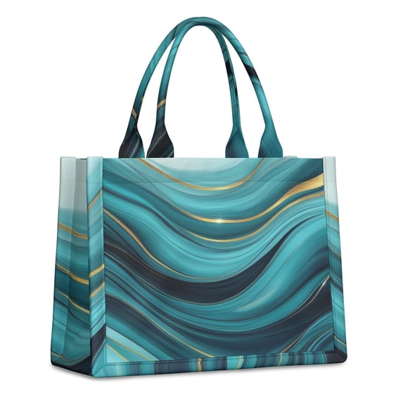 Large Capacity Tote Bag,Teal Marble Gold Wave Pattern Handbag Fashion Luxury Tote Bag,15.7"x13"x 5.1" Inches,Laptop Compatible