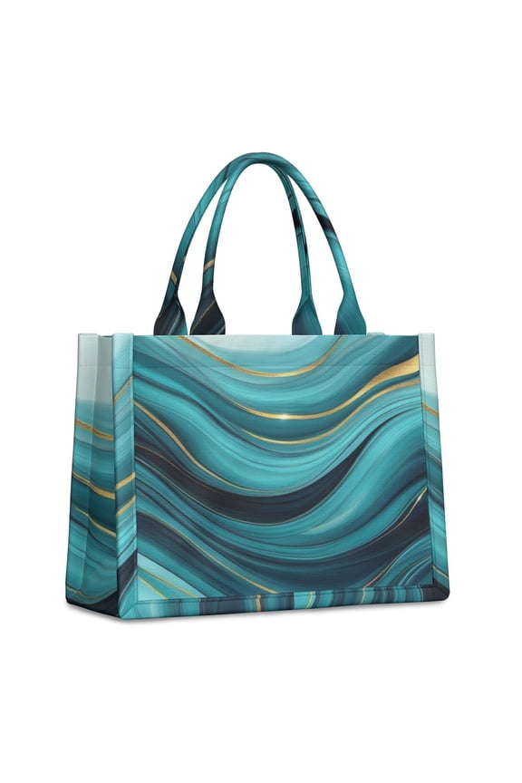 Large Capacity Tote Bag,Teal Marble Gold Wave Pattern Handbag Fashion Luxury Tote Bag,15.7"x13"x 5.1" Inches,Laptop Compatible
