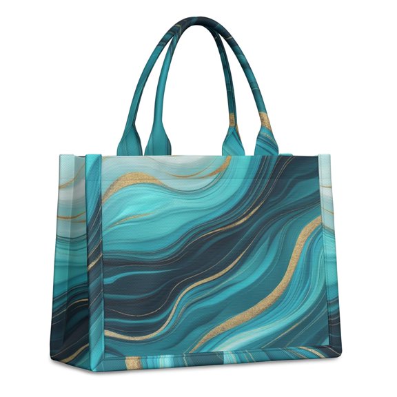 Large Capacity Tote Bag,Teal Marble Gold Wave Pattern Handbag Fashion Luxury Tote Bag,15.7"x13"x 5.1" Inches,Laptop Compatible