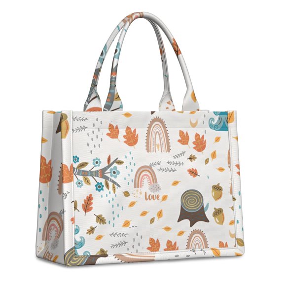 Large Capacity Tote Bag,White Boho Bohemia Rainbow Autumn Leaves Trees Pattern Handbag Fashion Luxury Tote Bag,15.7"x13"x 5.1" Inches,Laptop Compatible