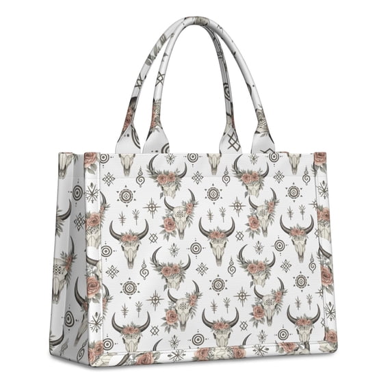 Large Capacity Tote Bag,White Buffalo Skull Flower Geometric Pattern Handbag Fashion Luxury Tote Bag,15.7"x13"x 5.1" Inches,Laptop Compatible