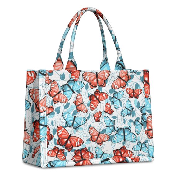 Large Capacity Tote Bag,White Butterfly Red Blue Leaf Pattern Handbag Fashion Luxury Tote Bag,15.7"x13"x 5.1" Inches,Laptop Compatible