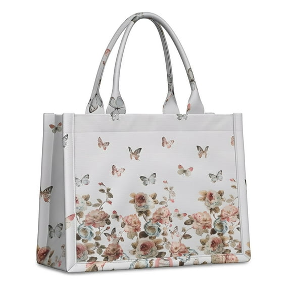 Large Capacity Tote Bag,White Butterfly Rose Pattern Handbag Fashion Luxury Tote Bag,15.7"x13"x 5.1" Inches,Laptop Compatible