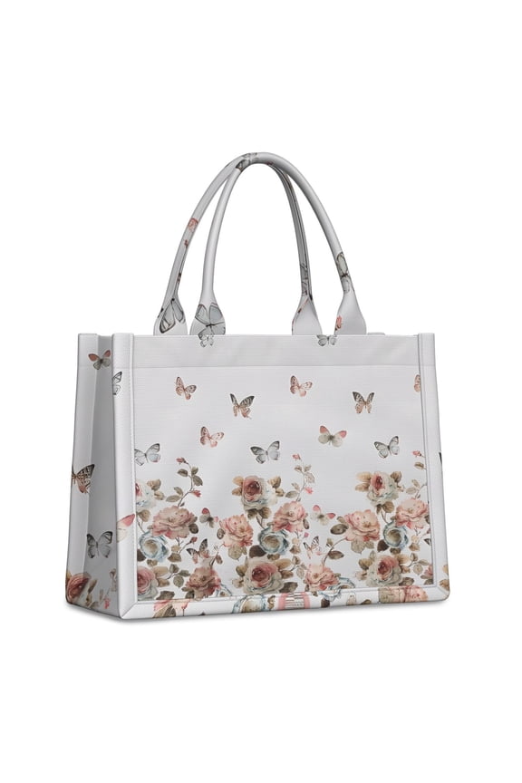 Large Capacity Tote Bag,White Butterfly Rose Pattern Handbag Fashion Luxury Tote Bag,15.7"x13"x 5.1" Inches,Laptop Compatible