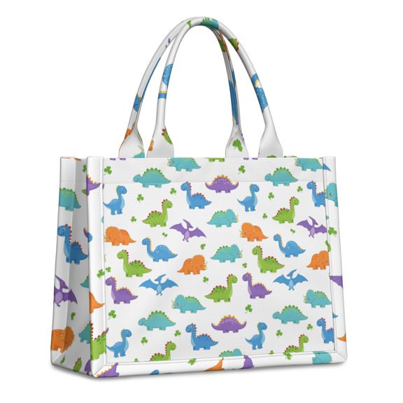 Large Capacity Tote Bag,White Colorful Dinosaurs Clovers Pattern Handbag Fashion Luxury Tote Bag,15.7"x13"x 5.1" Inches,Laptop Compatible
