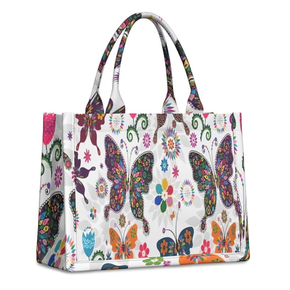 Large Capacity Tote Bag,White Colorful Flower Butterfly Pattern Handbag Fashion Luxury Tote Bag,15.7"x13"x 5.1" Inches,Laptop Compatible