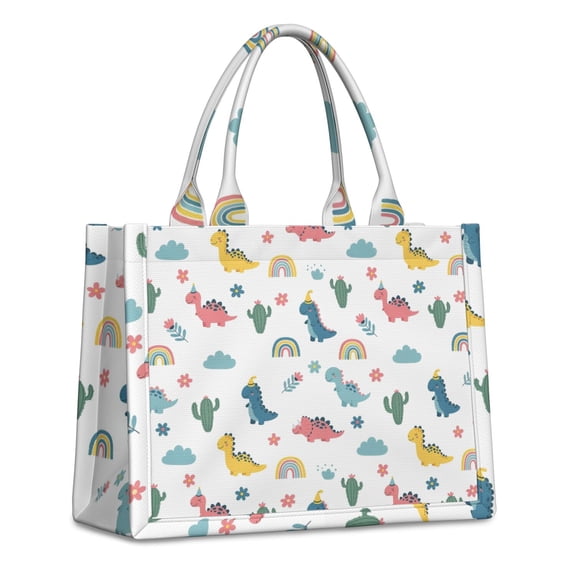 Large Capacity Tote Bag,White Dinosaurs Rainbows Cacti Pattern Handbag Fashion Luxury Tote Bag,15.7"x13"x 5.1" Inches,Laptop Compatible