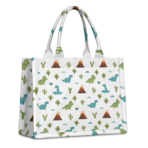 Large Capacity Tote Bag,White Dinosaurs Volcanoes Cacti Pattern Handbag Fashion Luxury Tote Bag,15.7"x13"x 5.1" Inches,Laptop Compatible