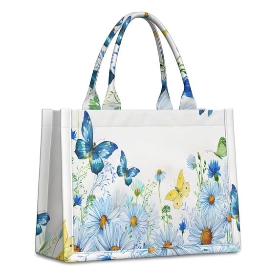Large Capacity Tote Bag,White Flower Butterfly Pattern Handbag Fashion Luxury Tote Bag,15.7"x13"x 5.1" Inches,Laptop Compatible