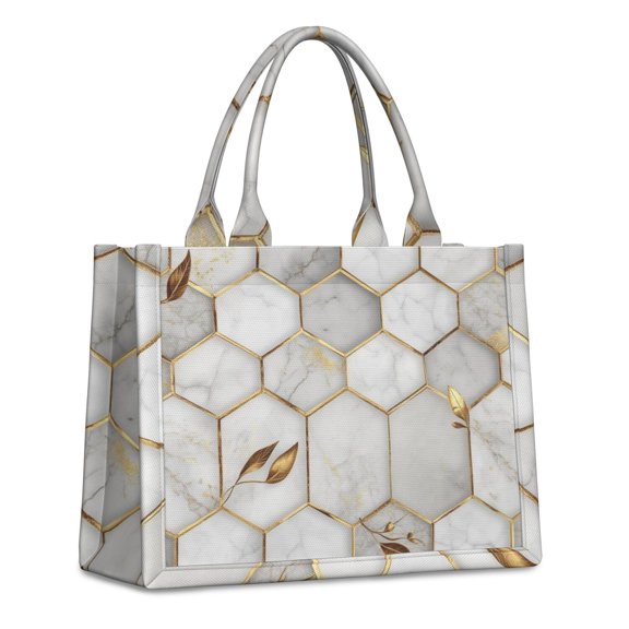 Large Capacity Tote Bag,White Gray Gold Leaf Marble Pattern Handbag Fashion Luxury Tote Bag,15.7"x13"x 5.1" Inches,Laptop Compatible