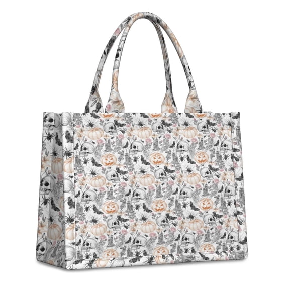 Large Capacity Tote Bag,White Halloween Skull Pumpkin Pattern Handbag Fashion Luxury Tote Bag,15.7"x13"x 5.1" Inches,Laptop Compatible