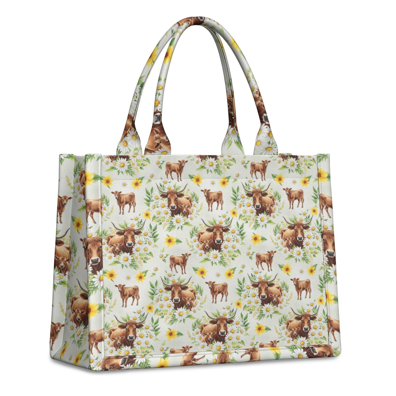 Large Capacity Tote Bag,White Highland Cow Daisy Flower Pattern Handbag Fashion Luxury Tote Bag,15.7"x13"x 5.1" Inches,Laptop Compatible