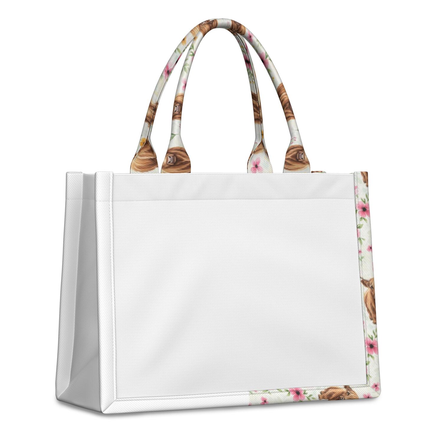 Large Capacity Tote Bag,White Highland Cow Flower Pattern Handbag Fashion Luxury Tote Bag,15.7"x13"x 5.1" Inches,Laptop Compatible