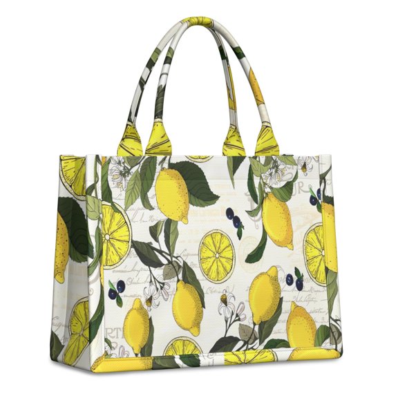 Large Capacity Tote Bag,Yellow Lemon Fruit Berries Beige Pattern Handbag Fashion Luxury Tote Bag,15.7"x13"x 5.1" Inches,Laptop Compatible