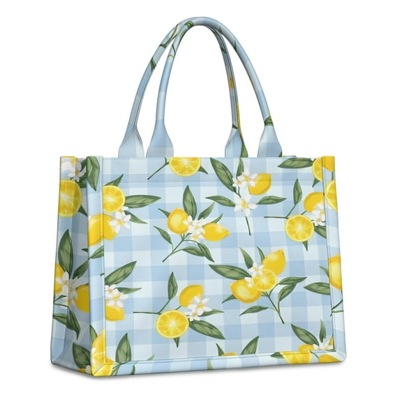 Large Capacity Tote Bag,Yellow Lemon Fruit Flowers BlueWhite Pattern Handbag Fashion Luxury Tote Bag,15.7"x13"x 5.1" Inches,Laptop Compatible