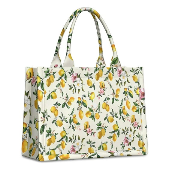 Large Capacity Tote Bag,Yellow Lemon Fruit Flowers Yellow Pattern Handbag Fashion Luxury Tote Bag,15.7"x13"x 5.1" Inches,Laptop Compatible