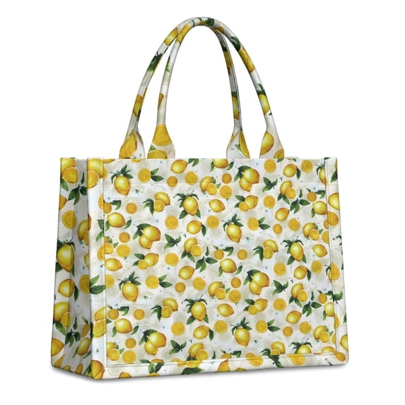 Large Capacity Tote Bag,Yellow Lemon Fruit Leaves Beige Pattern Handbag Fashion Luxury Tote Bag,15.7"x13"x 5.1" Inches,Laptop Compatible