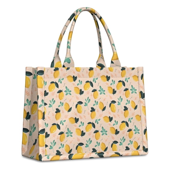 Large Capacity Tote Bag,Yellow Lemon Fruit Leaves LightPink Pattern Handbag Fashion Luxury Tote Bag,15.7"x13"x 5.1" Inches,Laptop Compatible