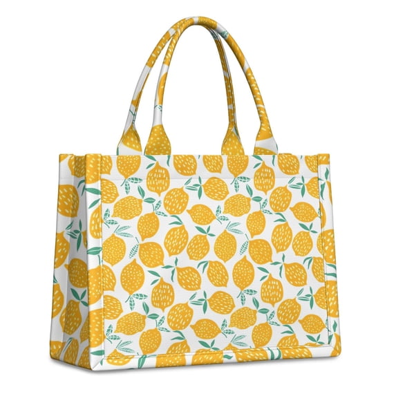 Large Capacity Tote Bag,Yellow Lemon Fruit Leaves White Pattern Handbag Fashion Luxury Tote Bag,15.7"x13"x 5.1" Inches,Laptop Compatible