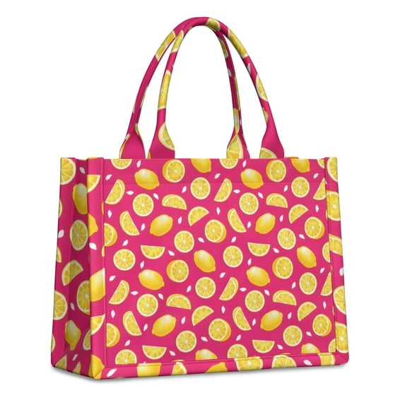 Large Capacity Tote Bag,Yellow Lemon Fruit Slices Pink Pattern Handbag Fashion Luxury Tote Bag,15.7"x13"x 5.1" Inches,Laptop Compatible