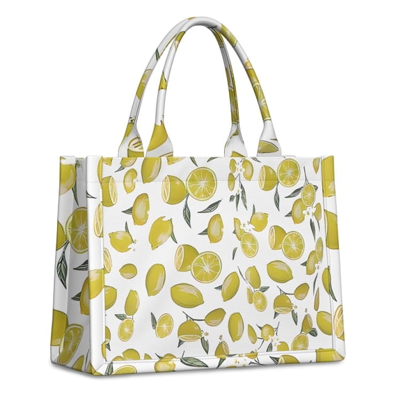 Large Capacity Tote Bag,Yellow Lemon Fruit Slices White Pattern Handbag Fashion Luxury Tote Bag,15.7"x13"x 5.1" Inches,Laptop Compatible