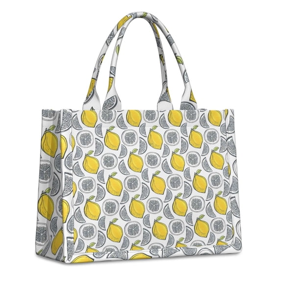 Large Capacity Tote Bag,Yellow Lemon Fruit Slices White Pattern Handbag Fashion Luxury Tote Bag,15.7"x13"x 5.1" Inches,Laptop Compatible