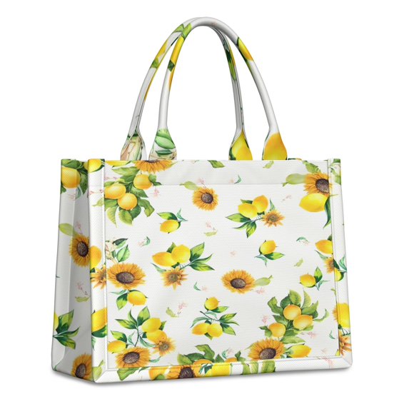 Large Capacity Tote Bag,Yellow Lemon Fruit Sunflowers White Pattern Handbag Fashion Luxury Tote Bag,15.7"x13"x 5.1" Inches,Laptop Compatible