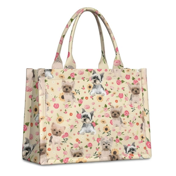 Large Capacity Tote Bag,Yorkie Dog and Flower Florals Handbag Fashion Luxury Tote Bag,15.7"x13"x 5.1" Inches,Laptop Compatible