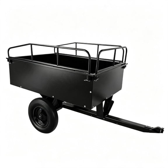 Large Capacity Tow Behind Dump Cart, 551 LBS Carbon Steel Garden Trailer with3 Sided Containment Racks, 14Inch Inflatable AllTerrain Tires, PullBehind Wagon for Riding Mower, ATV, Lawn & Farm Work
