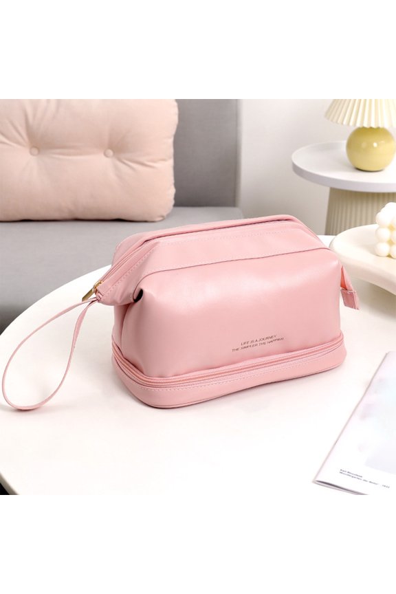 Large Capacity Travel Cosmetic Bag, Double Layer Makeup Bag for Women, Portable Leather Toiletry Bag, Organizer for Gym, Vacation, Carry On