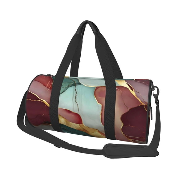 Large Capacity Travel Duffel Bag 17.7×9in Handbag Double Pull Head Zipper For Hiking Family Vacation Business Sports Travel Work Deep Reddish-Brown Green Golden Marble