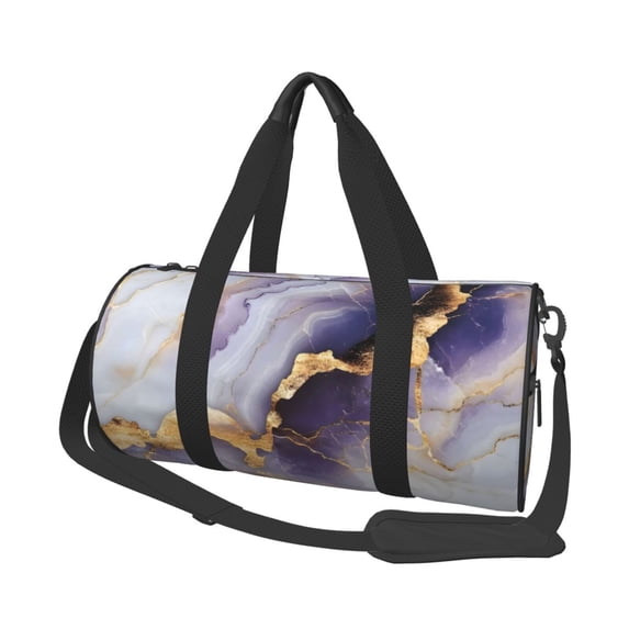 Large Capacity Travel Duffel Bag 17.7×9in Handbag Double Pull Head Zipper For Hiking Family Vacation Business Sports Travel Work Purple-White-Gold Marble